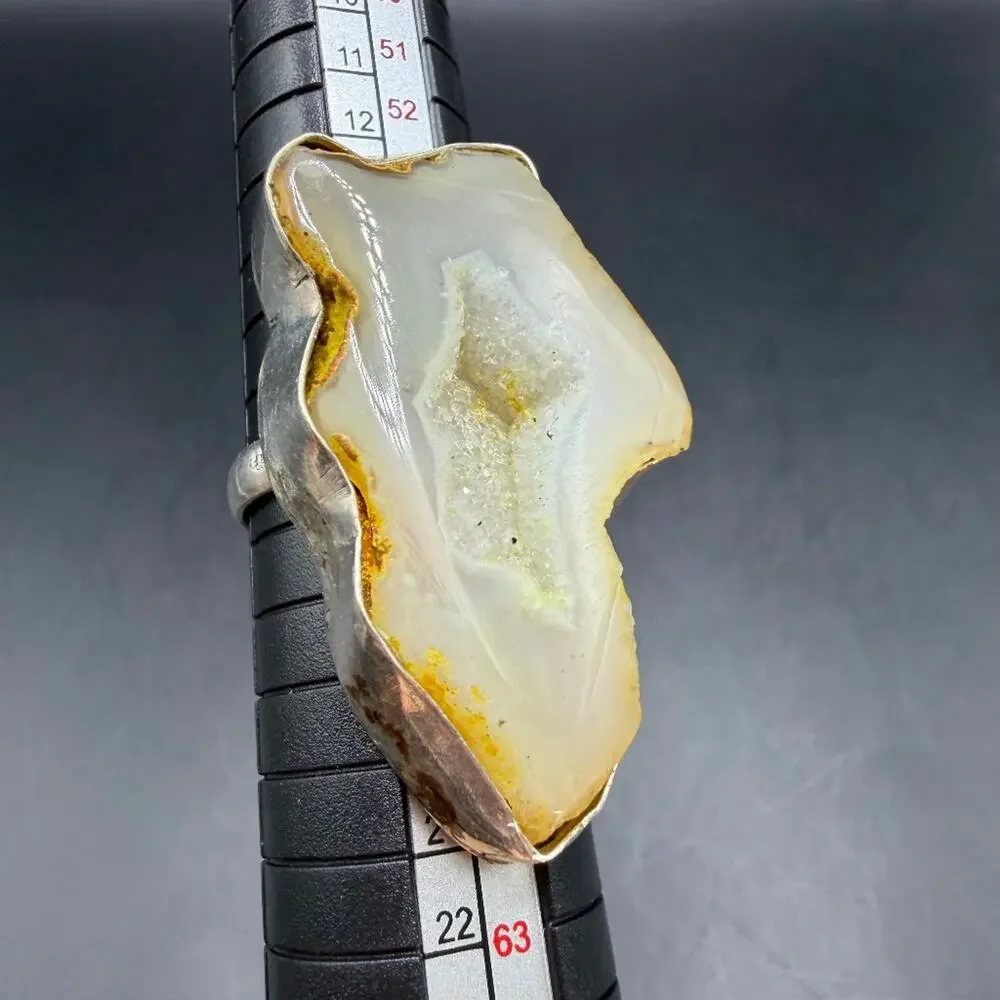 Handcrafted White Druzy Agate Slice Statement Ring Size 8 Natural Gemstone